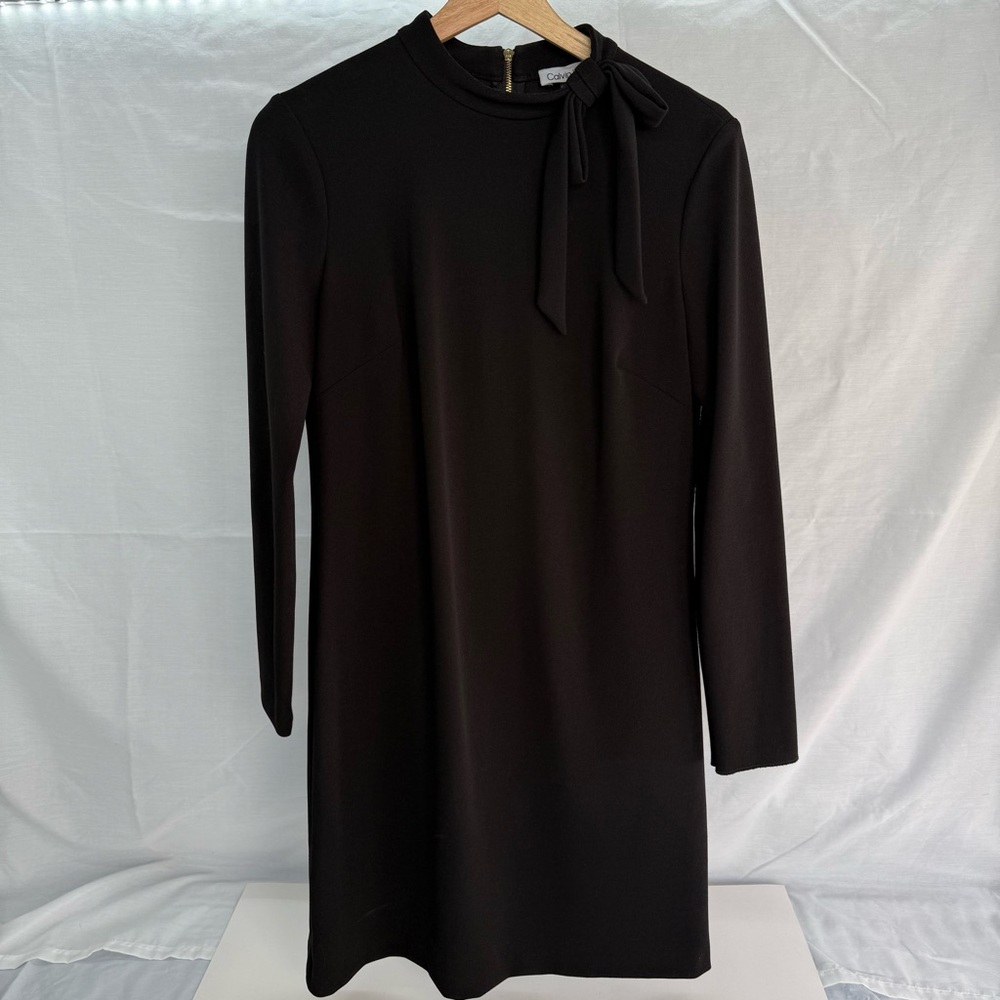 Calvin Klein Black Tie Neck Sheath Dress Long Sleeve Gold Zip, W 8